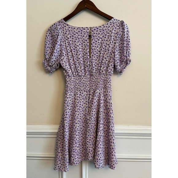 Forever 21 Floral Mini Dress Purple Puff Sleeve Smocked Waist Square Neck Size S - Picture 6 of 10